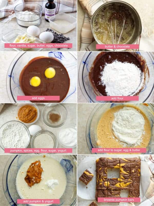 Step by step how to make brownie pumpkin bars, mixing chocolate batter, pumpkin batter, adding eggs and flour by ilonaspassion.com I @ilonaspassion
