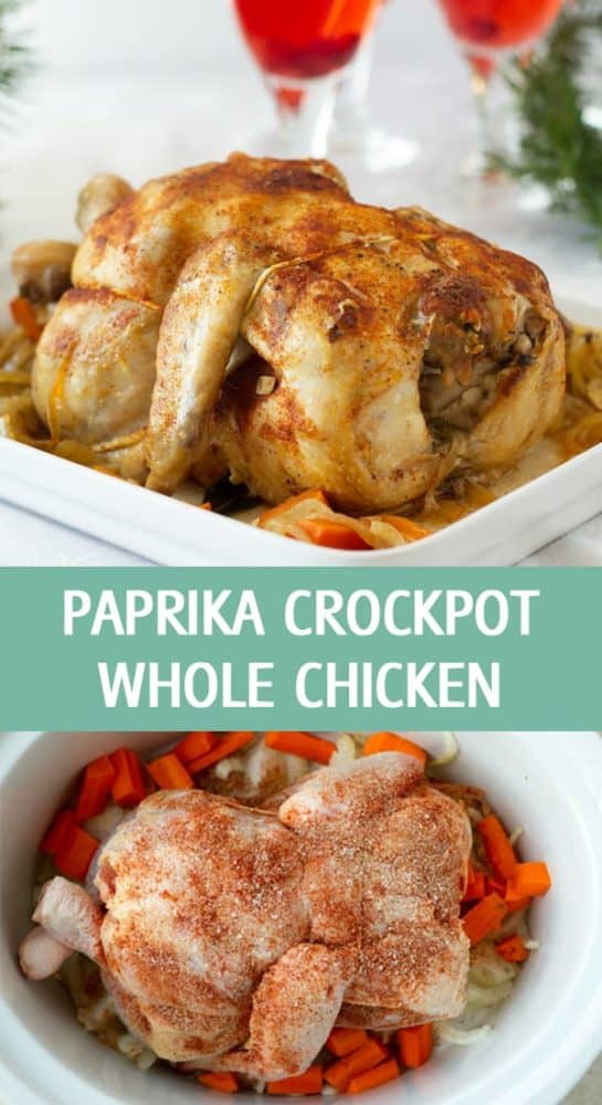 Crockpot Whole chicken recipe with paprika, garlic and nutmeg. Drizzled with butter. Great weeknight dinner recipe or holiday like Christmas by ilonaspassion.com I @ilonaspassion