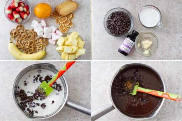 Step by step on how to make chocolate fondue with cream and milk.