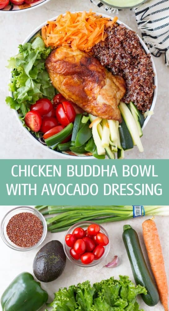 Chicken buddha bowl recipe with dairy free creamy avocado dressing. Served with nutritious veggies, quinoa and baked chicken by ilonaspassion.com I @ilonaspassion