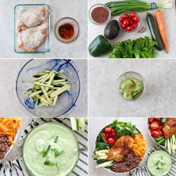 Step by step how to make vegetable buddha bowl with chicken, quinoa and dairy free avocado dressing by ilonaspassion.com I @ilonaspassion 
