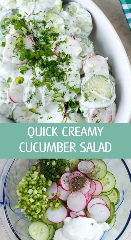 One of the best easy and quick creamy cucumber salad with dill, greek yogurt and radishes. Light and healthy side dish for any dinner by ilonaspassion.com I @ilonaspassion #ad