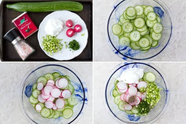 Step by step on how to make creamy cucumber salad with 6 simple ingredients including radishes and greek yogurt by ilonaspassion.com I @ilonaspassion #ad