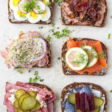 6 types of smorrebrod with liver pate, salmon, meat, herring and egg by ilonaspassion.com I @ilonaspassion