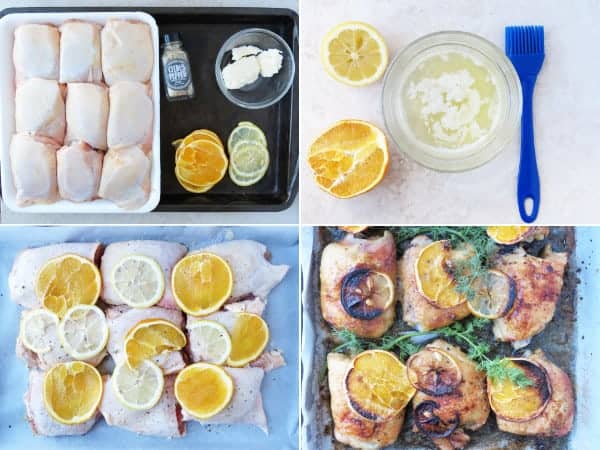 Step by step on how to make sheet pan chicken thighs marinated in unsalted butter, pepper, lemon and orange juice by ilonaspassion.com I @ilonaspassion