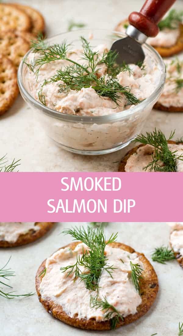 Two photos of a cream cheese spread, one served in a glass and the other photo with cracker topped withe the spread.