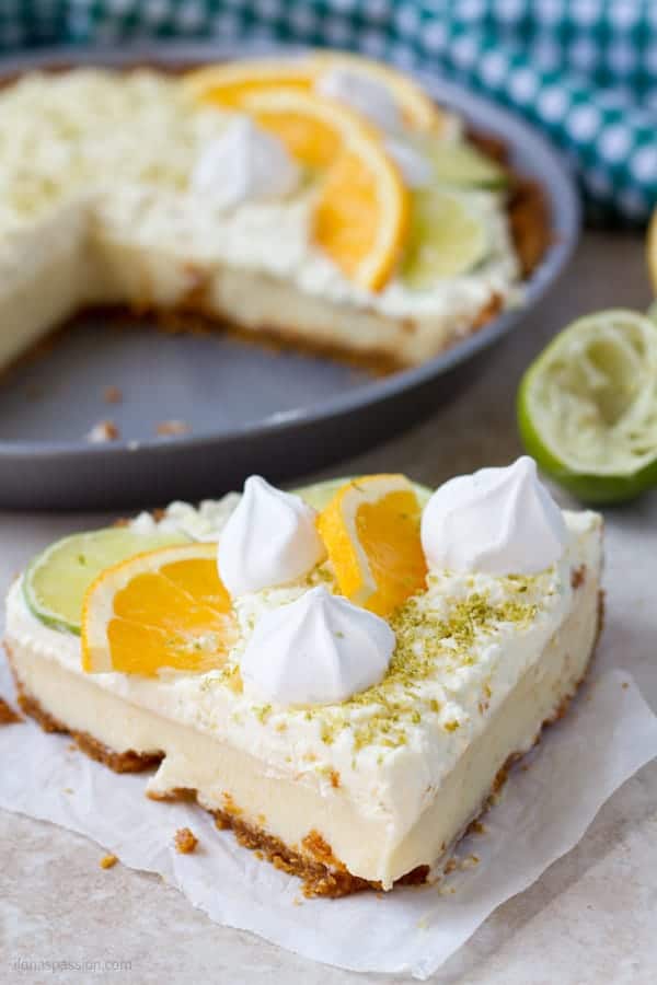 Big slice of the baked cake with citrus flavor.
