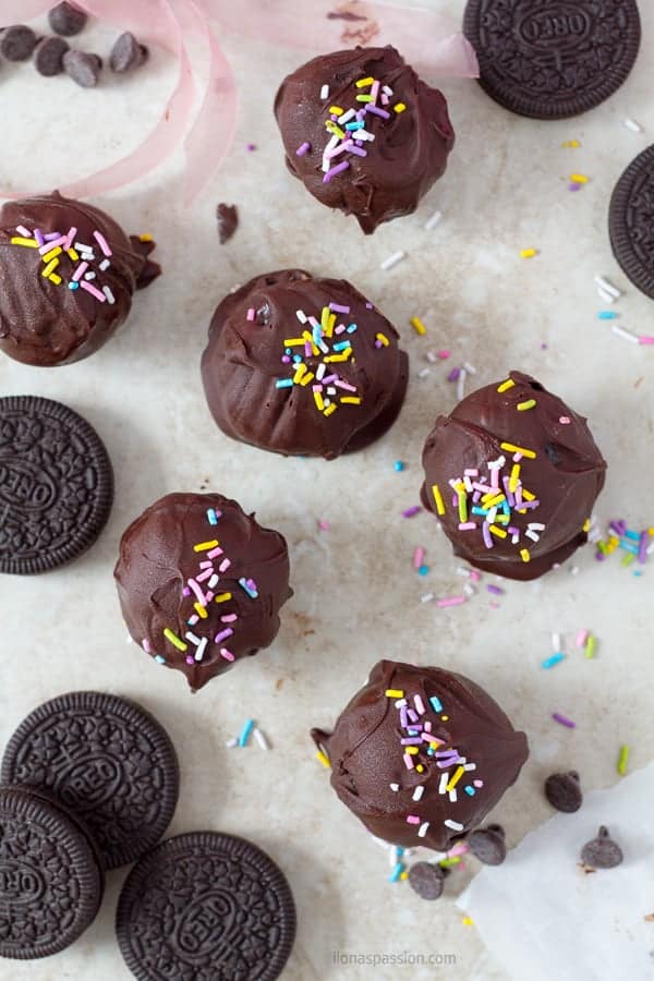 Dipped in chocolate truffles topped with sprinkles. 