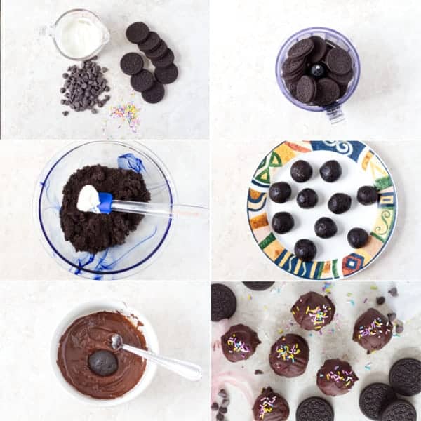 Step by step how to make chocolate covered oreo truffles with cream cheese.