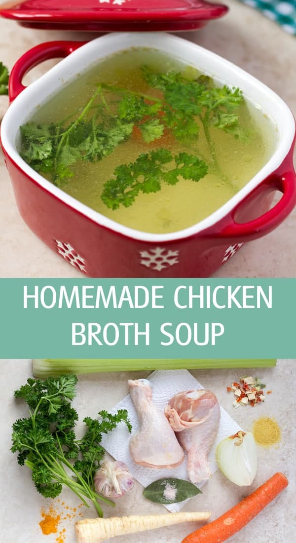 Homemade chicken broth soup made with fresh veggies, herbs and spices.