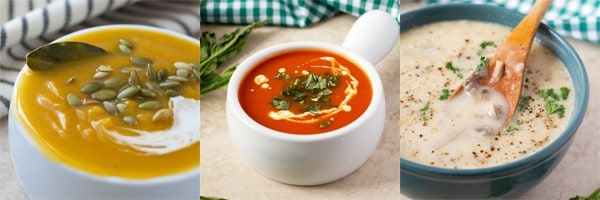 3 soup recipes: Roasted butternut squash, tomato basil and cream of mushroom.