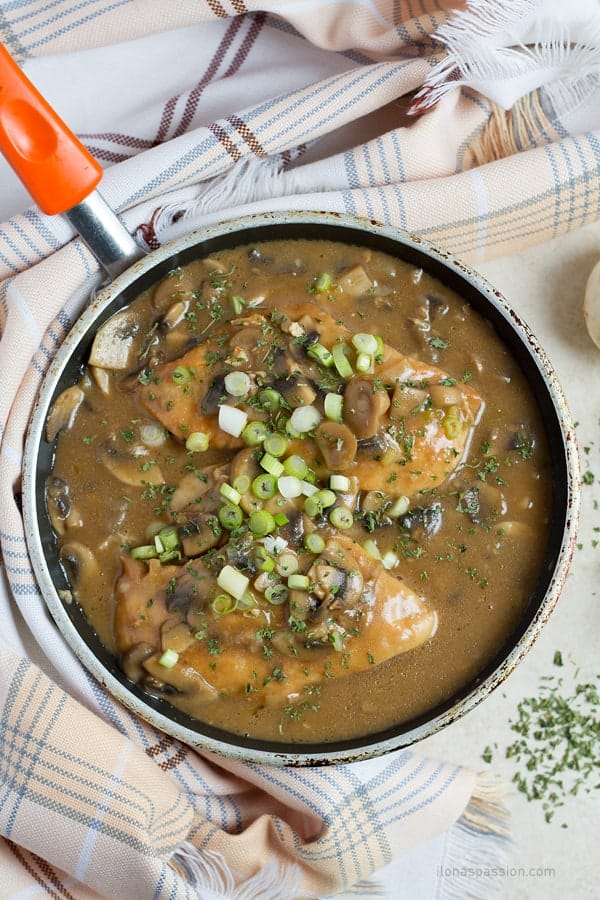 Creamy chicken marsala meal made in one pot can be served with pasta.