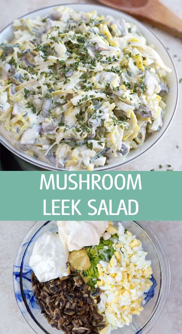 Mushroom and green leeks salad with mayo, mustard and spices.