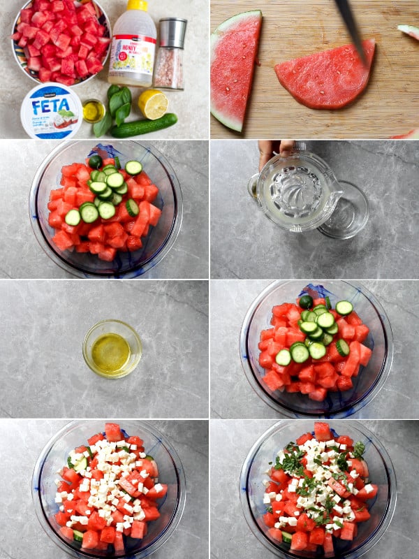 Step by step how to make salad with cubed watermelons and sliced cucumbers.