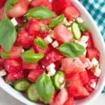 Perfect for lunch fruit salad with few fresh ingredients cubed watermelons, cucumbers.