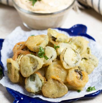Deep fried pickles with remoulade sauce.