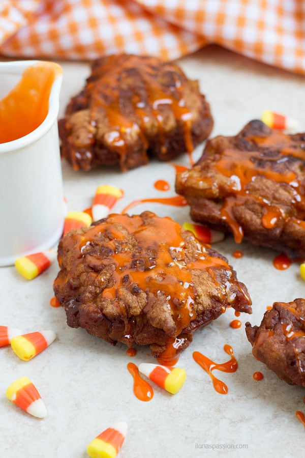 Apple fritters with candy corn.