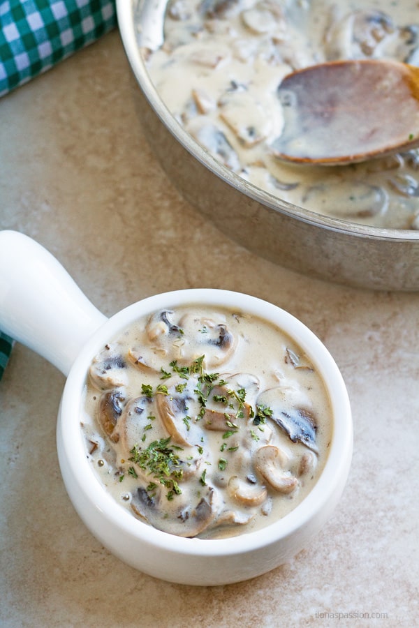 Mushroom gravy in a bowl.