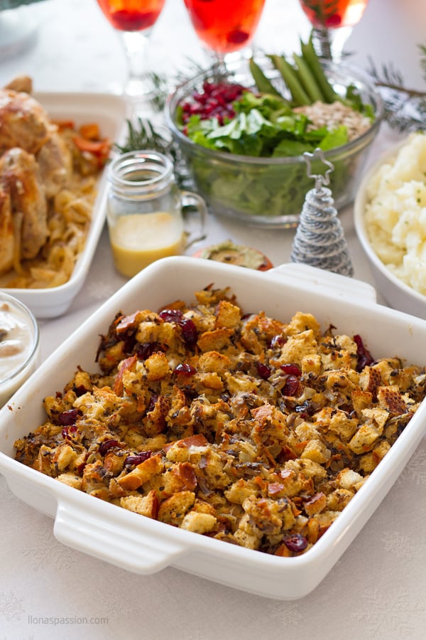 Christmas food menu with stuffing, salad and meat.