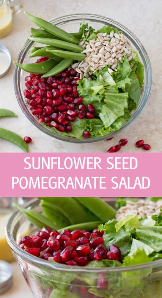 Lettuce, sunflower seeds, sugar snaps and pomegranate.