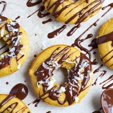 Baked mini donuts with coconut and chocolate.