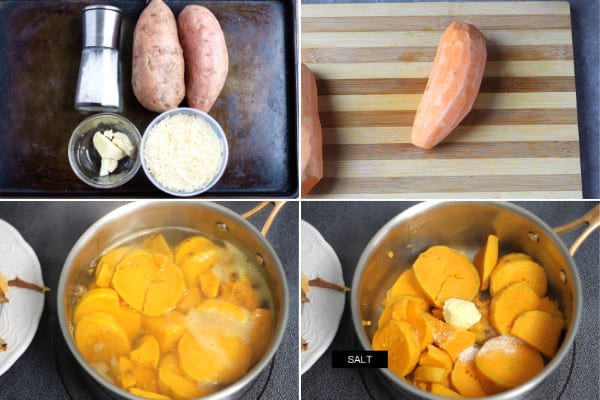 4 photos Chopped sweet potato in a pot with water.