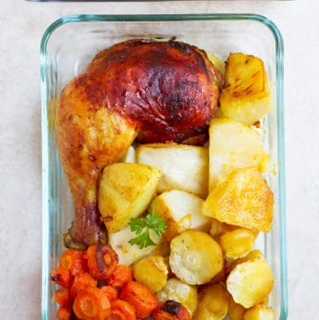 Sheet pan chicken with carrots, parsnips, potatoes.