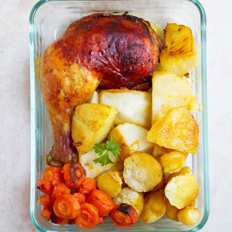 Baked Chicken Legs with Potatoes, Carrots and Parsnips