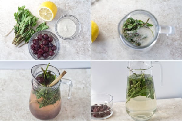 Ingredients to make lemonade with cherries and mint.