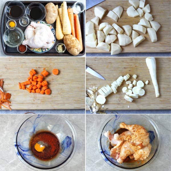 Cut carrots, parsnip, potatoes, marinated chicken.
