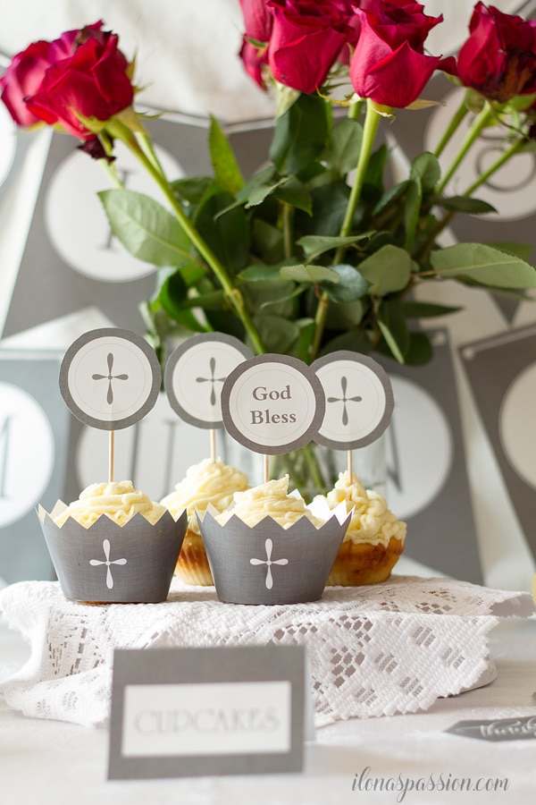 First Communion Printable Decorations, cupcakes, red tulips in vase.