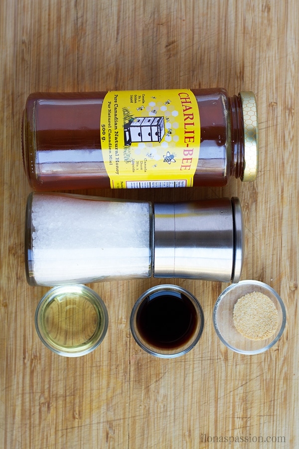 Honey, salt, balsamic vinegar, oil, garlic powder.