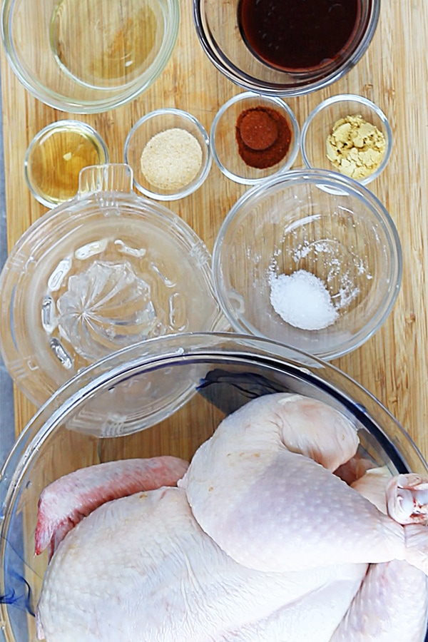 Whole raw chicken, spices, soy sauce, apple cider vinegar, oil.