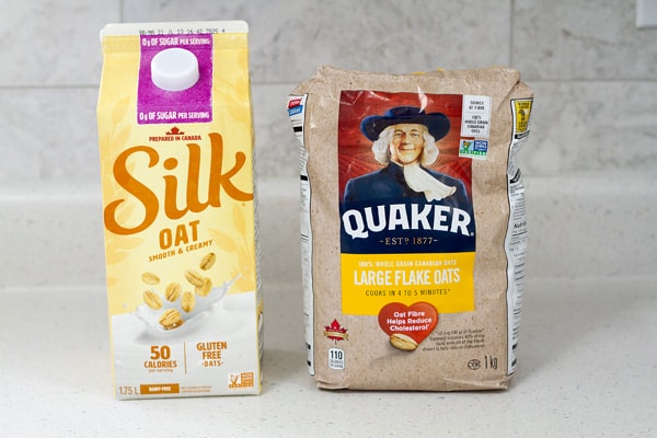 Silk oat milk and quaker large flake oats.