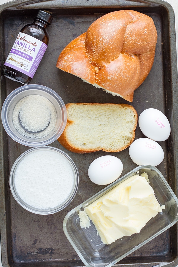 Challah bread, coconut milk, sugar, butter, eggs, vanilla extract.