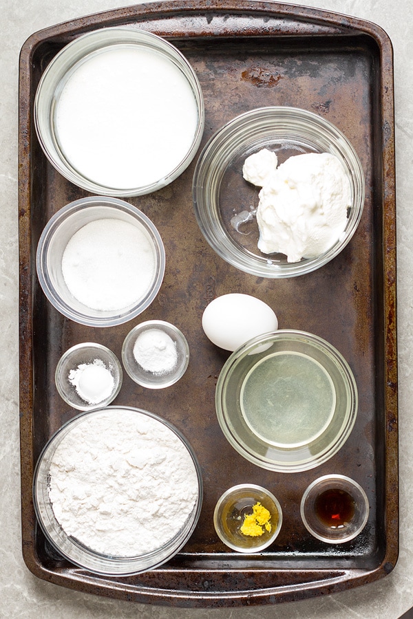 All-purpose flour, egg, lemon juice, ricotta cheese, sugar, buttermilk.