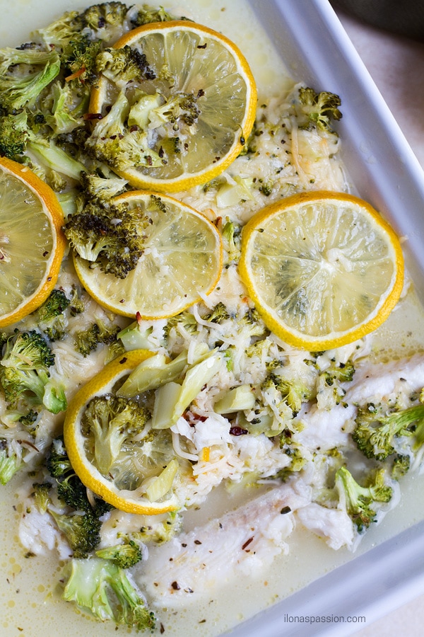 White lemon fish baked in broccoli parmesan cheese sauce.