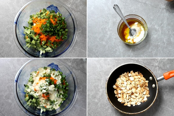 Broccoli, carrot, green onion in a bowl, dressing and almonds on the pan.
