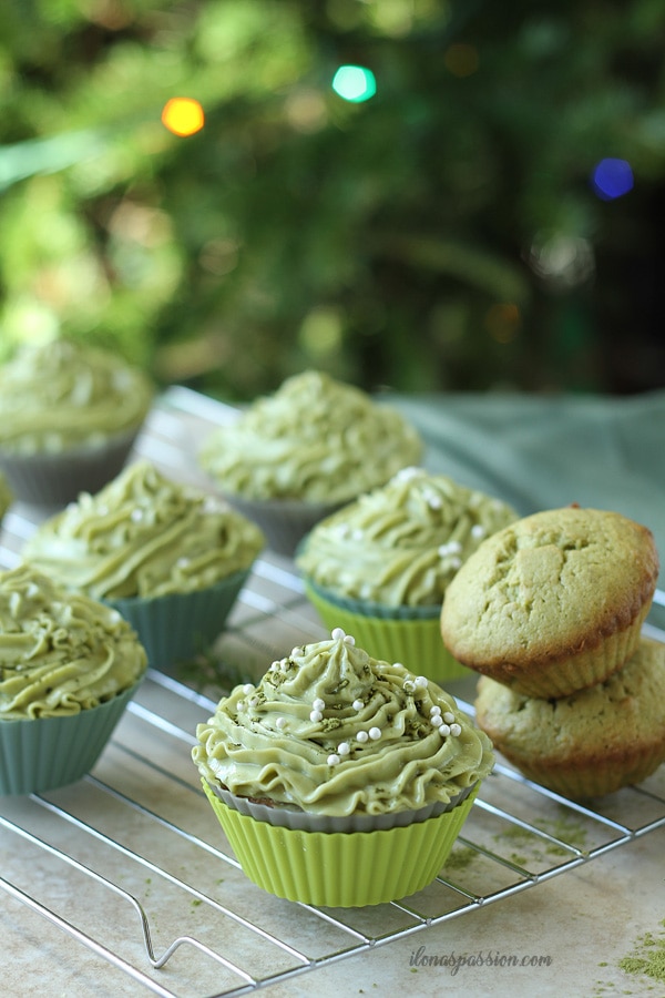 Matcha cupcakes with green tea cream cheese frosting.