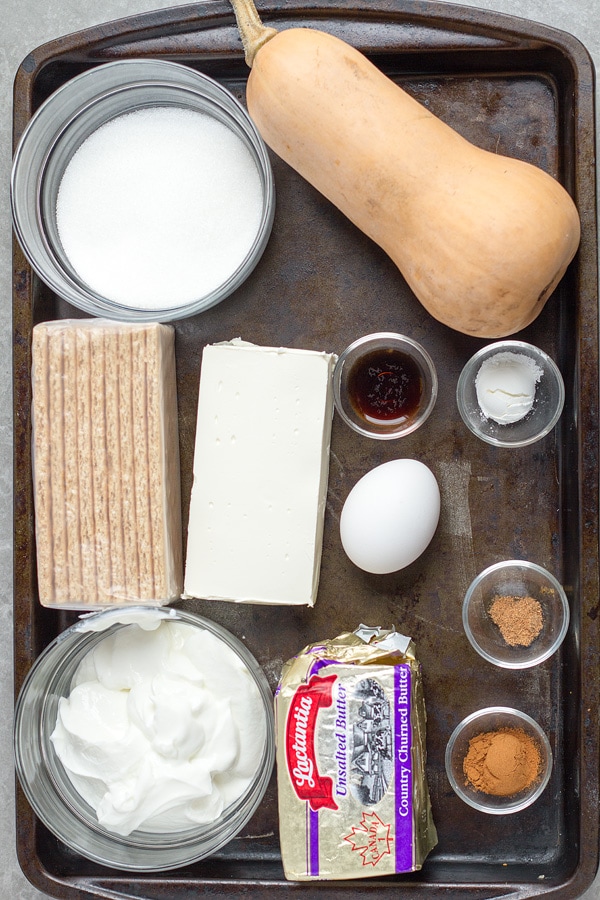 Butternut squash, crackers, cream cheese, greek yogurt, butter, spices, sugar, egg.