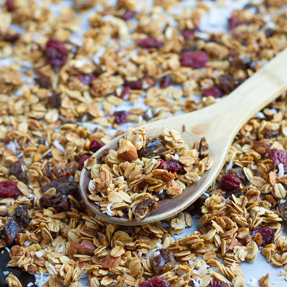 Baked granola with cranberries on a spoon.