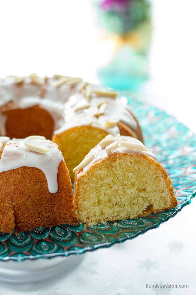 Glazed vanilla almond bundt cake.