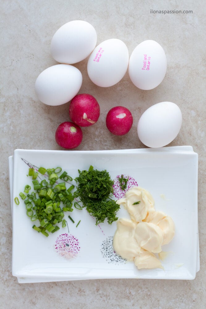Eggs, radishes, dill, mayo, green onion.