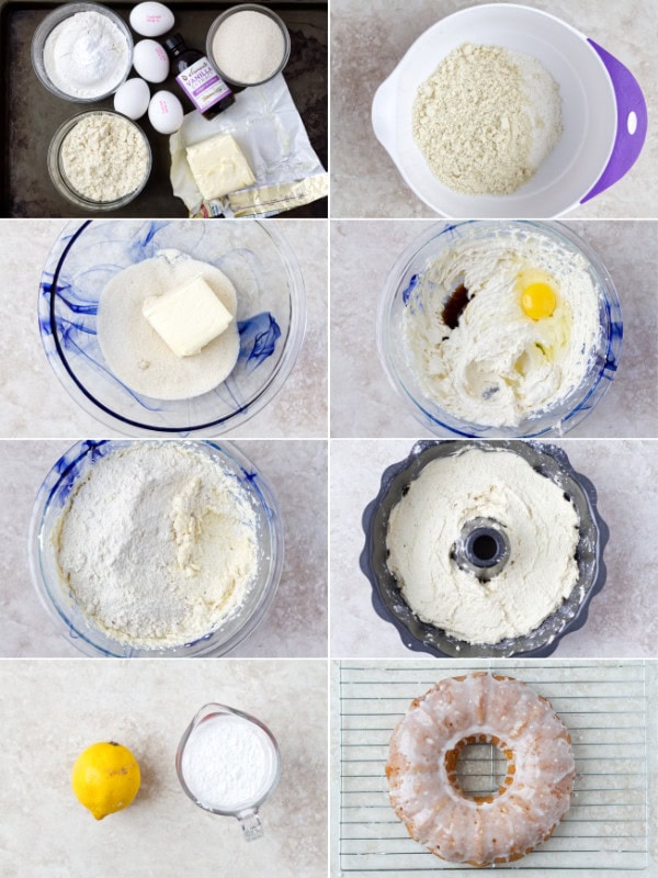 Flour, almond flour, lemon, butter, sugar eggs in a bowl.