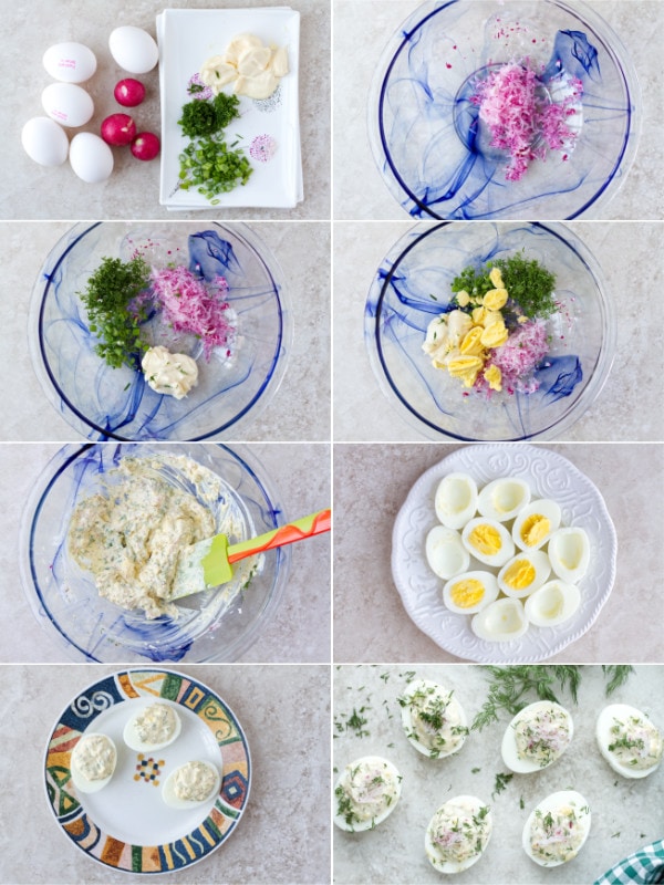 Hard boiled eggs, dill, shredded radish in a bowl.